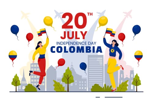 Happy Colombia Independence Day Vector Illustration on 20 July with Waving Flag and Ribbon in National Holiday Celebration Flat Cartoon Background