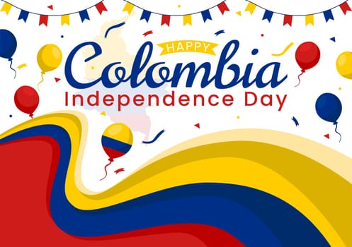 Happy Colombia Independence Day Vector Illustration on 20 July with Waving Flag and Ribbon in National Holiday Celebration Flat Cartoon Background