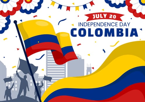 Happy Colombia Independence Day Vector Illustration on 20 July with Waving Flag and Ribbon in National Holiday Celebration Flat Cartoon Background