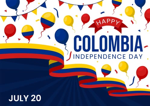 Happy Colombia Independence Day Vector Illustration on 20 July with Waving Flag and Ribbon in National Holiday Celebration Flat Cartoon Background