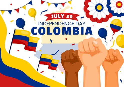 Happy Colombia Independence Day Vector Illustration on 20 July with Waving Flag and Ribbon in National Holiday Celebration Flat Cartoon Background