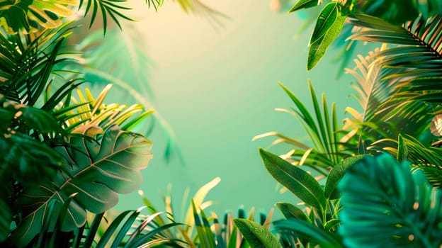 A green background with tropical leaves framing the edges, creating an elegant and refreshing summer atmosphere. Copy space. AI generated