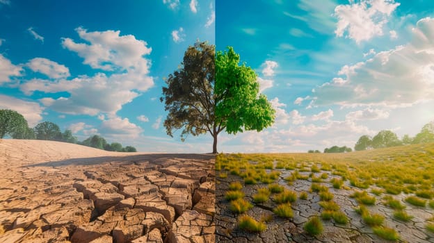 The concept of climate has changed. Half the tree is alive and dead. Save the environment. AI generated