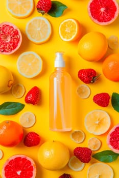 A liquid soap  bottle with fresh fruits and berries.Flat lay. AI generated