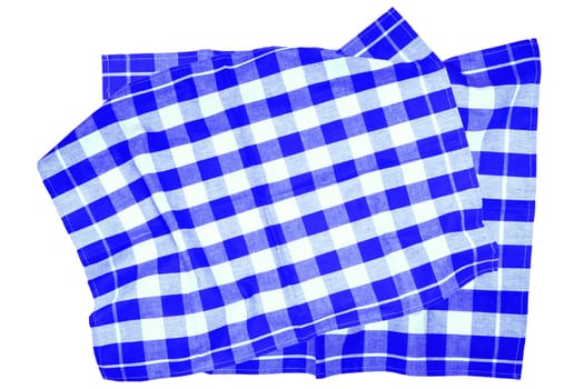 Closeup of a blue and white checkered napkin or tablecloth texture isolated on white background. Kitchen accessories. Top view.