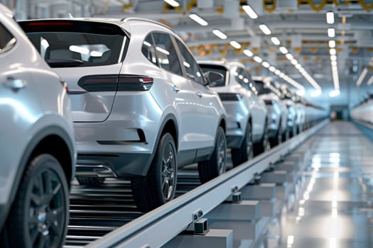 Cars stand on the conveyor line of car factory. Automobile production. AI generated