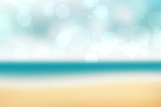 Abstract sea background. Abstract tropical sandy summer beach background with bokeh lights on light blue sky and sun. Beautiful texture. Space.