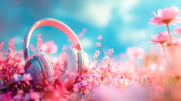 Creative and vibrant World Music Day background, featuring a  headphones and blooming flowers. AI generated