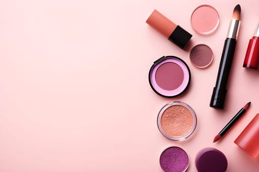 Set of different various cosmetic eye shadows, lipstick, body gel or cream, lip gel, balm, balsam. Beauty products for personal care. Organic cosmetics, eyeshadow, pink background, copy space