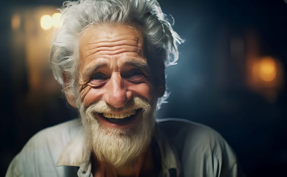 Portrait of cheerful smiling elderly male, blurred background. Senior mature bearded man looking at camera. Gray-haired. Healthy happy smile old caucasian. Grand father healthcare, retirement concept