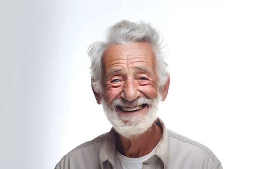 Cheerful smiling elderly male, white background wearing shirt. Senior mature mid-aged bearded man looking at camera. Gray-haired. Happy smile old grand father healthcare, retirement concept