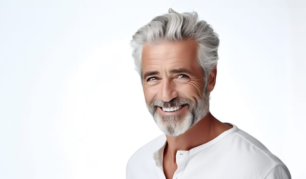 Portrait of cheerful smiling beautiful gorgeous model male against white background wearing shirt stands alone. Senior mature handsome mid-aged bearded man looking at camera. Close up. Gray-haired