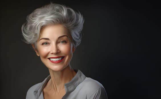 Happy cheerful positive old woman smiling wide and look straight on camera. Stand straight. Modern stylish senior model with grey hair. Black background. Life's about the moments that made you smile