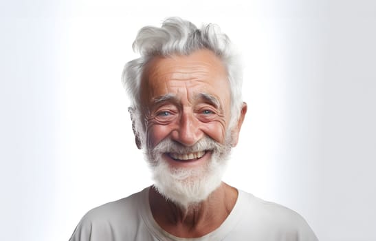 Portrait of cheerful smiling elderly male against white background wearing t-shirt stands alone. Senior mature mid-aged bearded man looking at camera. Healthy happy smile caucasian. Grands healthcare