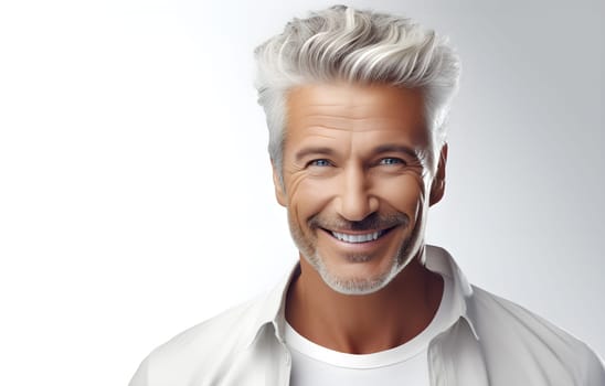 Portrait of cheerful smiling beautiful gorgeous model male against white background wearing shirt stands alone. Senior mature handsome mid-aged man looking at camera. Happy smile relaxed businessman