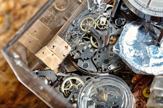 A craftsman's table laden with wristwatches, pocket watches, and intricate mechanical details. A symphony of precision, taste, and steampunk ambiance