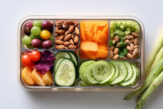 Catering service. Balanced healthy meal ready to eat at work. Food prepared to eat at office. Lunch in container for office worker. Having lunch at work. Healthy office box with sliced vegetables and fruits. Fresh, healthy and convenient meal