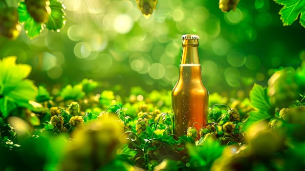 Beer bottle in a green hop hills.Brown glass beer bottle standing in hop cones. AI generated