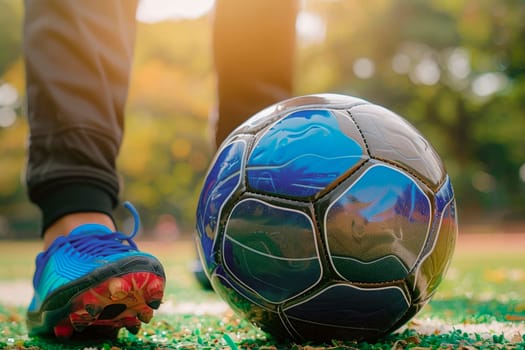 Close up feet of football player standing with the ball on the stadium.  AI generated