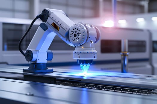 Robotic arm doing laser cutting process. Robotic technology in precious automation and manufacturing industry. AI generated