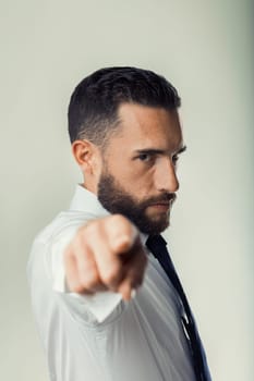 Business attire, commanding direction shown