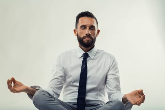 Office environment meets mindful meditation, showcasing a peaceful executive