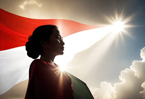 AI generated of silhouette of a person with a flag and sun shinning on the sky