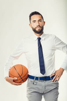 corporate strategist in business attire promotes sports as a model for business excellence