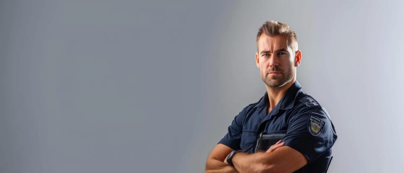 A focused police officer in uniform, with a stern expression and direct gaze, portraying a sense of diligence and commitment to his role