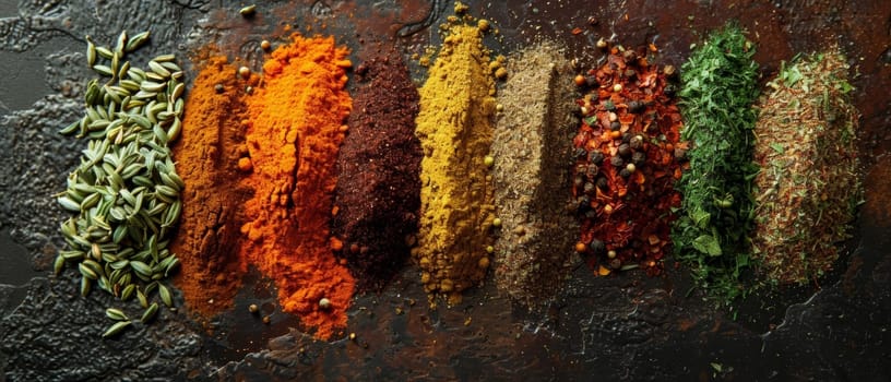 A symphony of spices and culinary elements scattered on a dark background, creating a dynamic visual for food enthusiasts