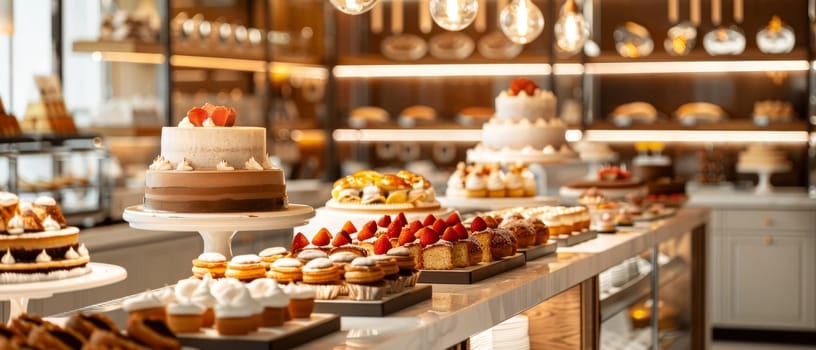 This wide shot features an array of gourmet cakes and pastries beautifully displayed on a sleek counter in a modern bakery
