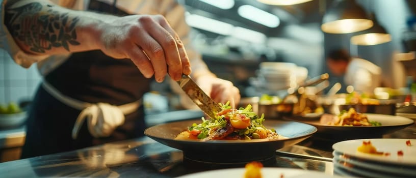 A chef with tattooed arms perfects a gourmet dish, artistically arranging greens on top in a modern, professional kitchen setting