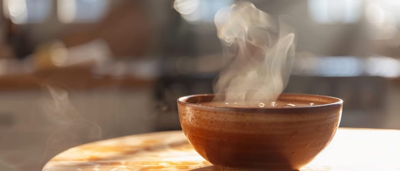A hot cup on a wooden surface emits wispy steam into the golden glow of a sunset, evoking a peaceful end to the day