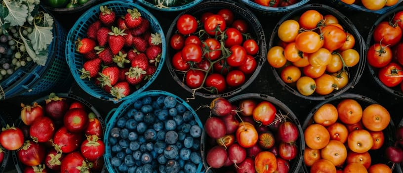 Overhead view of baskets brimming with a variety of berries and tomatoes, illustrating the diverse textures and shades of farm produce