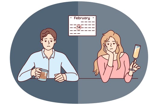 Man and woman celebrate February 14 alone due to absence of second half. Unhappy guy and girl are sad sitting at table because of separation on Valentine Day