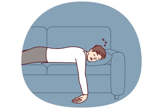 Exhausted man fell asleep lying on comfortable sofa with no energy after hard day at work or long walk with friends. Unmotivated guy fell asleep on couch and naps not wanting to go to work