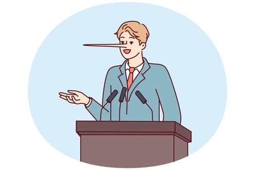 Dishonest man politician with long nose stands behind podium during election campaign. Statesman in business attire makes false and populist statements to potential voters
