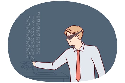Man hacker in mask hiding face reaches out to laptop screen to steal important information or commit cybercrime. Guy hacker makes digital fraud and hacks computer via internet or local network