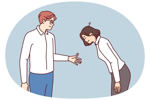 Young businessman extends hand to bowing woman as token of gratitude for job well done or good business offer. Asian girl in formal wear bow while greeting business partner or corporation boss