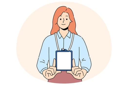 Smiling woman show mockup ID badge