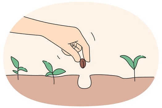 Close up of person hand put seed in soil. Farmer plant nut in ground engaged in gardening. Farming and agriculture. Vector illustration.