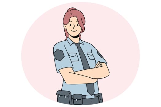 Smiling female police officer in uniform standing with arms crossed. Happy woman guard feeling confident show power and strength. Vector illustration.