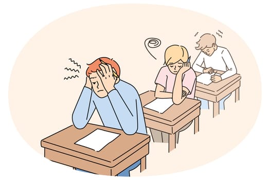 Anxious students sitting at desk in classroom writing test together. Worried pupils finish examination in classroom. Education and exam time. Vector illustration.