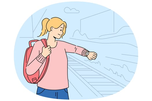 Anxious woman stand on platform on railway station check time on wristwatch. Worried girl look at watch on hand frustrated with train late. Commuting and transportation. Vector illustration.