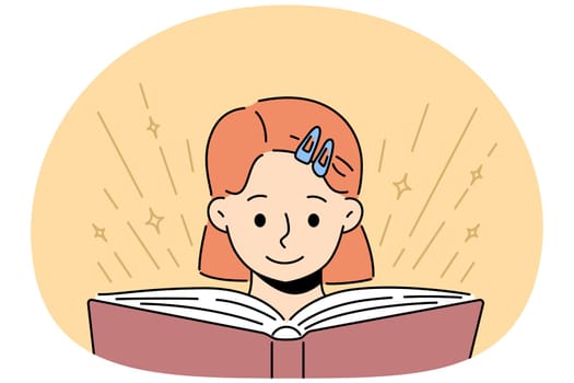 Smiling little girl kid reading book. Happy child engaged in literature reading. Childhood education and learning. Vector illustration.