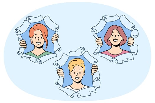 Smiling people look out of paper holes. Happy men and women faces stare at camera from torn holes. Vector illustration.