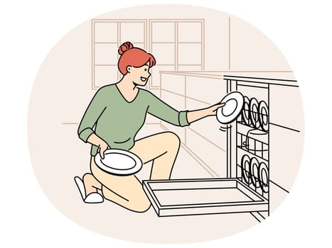 Smiling woman unloading dishwashing machine. Happy housewife put dirty plates into dishwasher at home kitchen. Household and chores concept. Vector illustration.