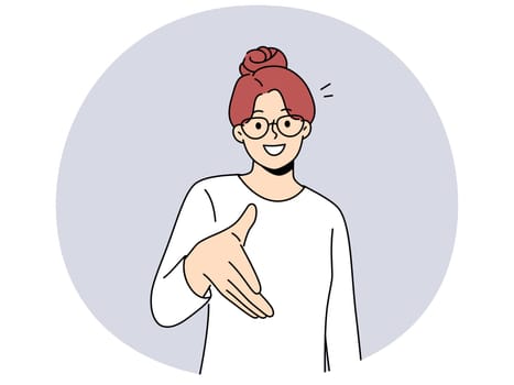 Smiling businesswoman in glasses stretch hand to camera get acquainted with applicant or candidate. Happy woman greeting with handshake. Collaboration and acquaintance. Vector illustration.