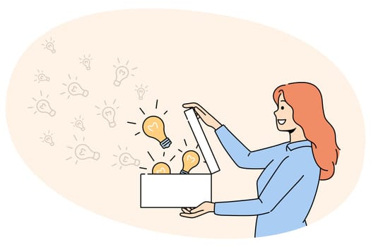 Smiling woman open box full of lightbulbs generate creative business ideas. Happy female share innovative thoughts. Innovation concept. Vector illustration.