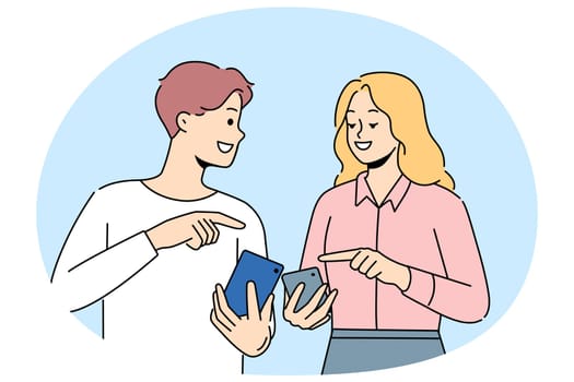 Smiling man and woman using cellphones share information. Happy couple with smartphones have fun browsing internet on gadgets. Vector illustration.